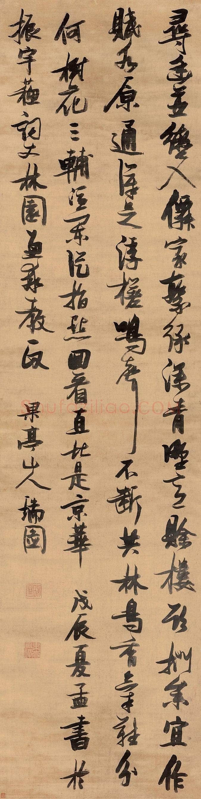 张瑞图《“寻幽并辔入仙家”七言律诗轴》绫本行书 303×77cm 戊辰(1628年)作 嘉德拍卖(右石斋旧藏)