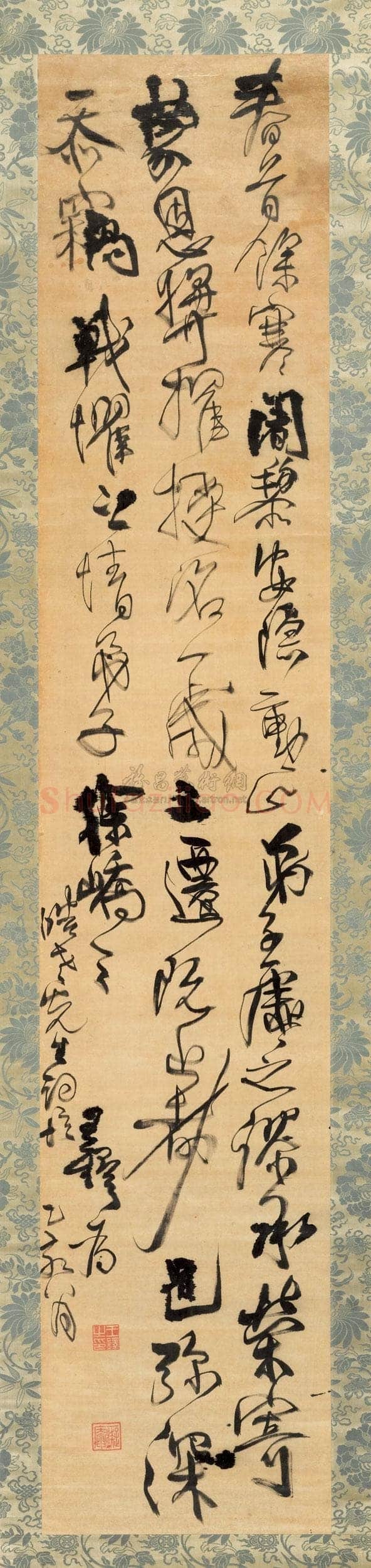 王铎《临徐峤之帖》轴 崇祯八年(乙亥1635年)绫本，271×53cm，日本铃木景堂旧藏。