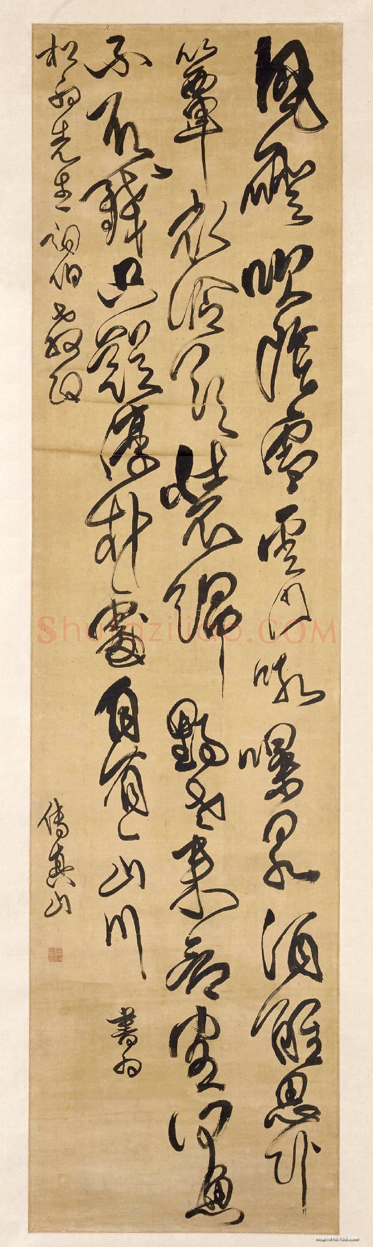 傅山《草书风磴吹阴雪五律诗轴》绫本,纵185.7cm,横51cm。北京故宫博物院藏