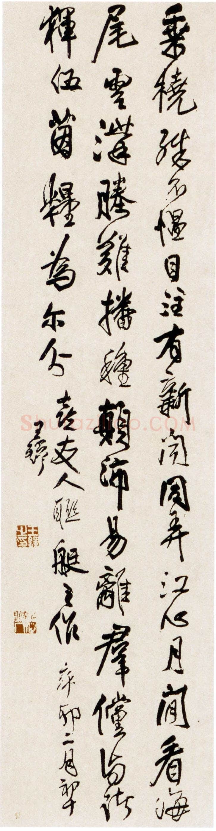 王铎《喜与友人联艇之作》轴 清顺治八年(辛卯1651年)绫本,纵214.2cm、横52.3cm 憨斋吴南生原藏
