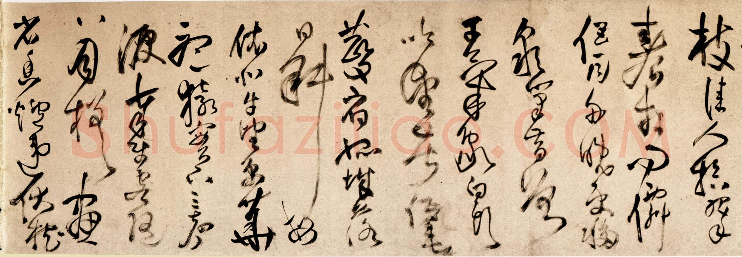 王铎 《杜甫秋兴》卷 清顺治三年(丙戌1646年)。纸本草书。纵28厘米,横420厘米。广州美术馆藏。