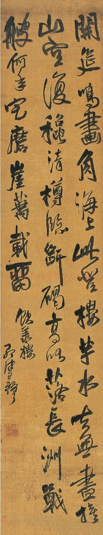 王铎《为泰器大词宗书五律》轴 崇祯四年(辛未1631年)绢本 纵286cm,宽73cm,香港虚白斋藏 。