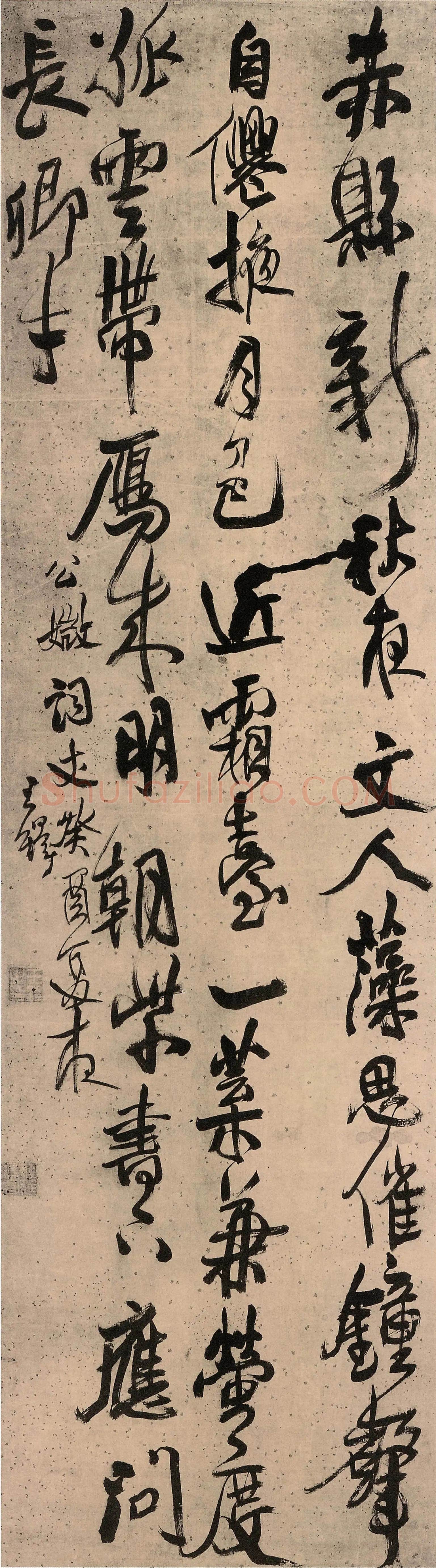 王铎《书钱起和万年成少府寓直五律》轴 崇祯六年(癸酉1633年)， 绫本 纵202cm，宽56cm， 开封市文物商店藏 。