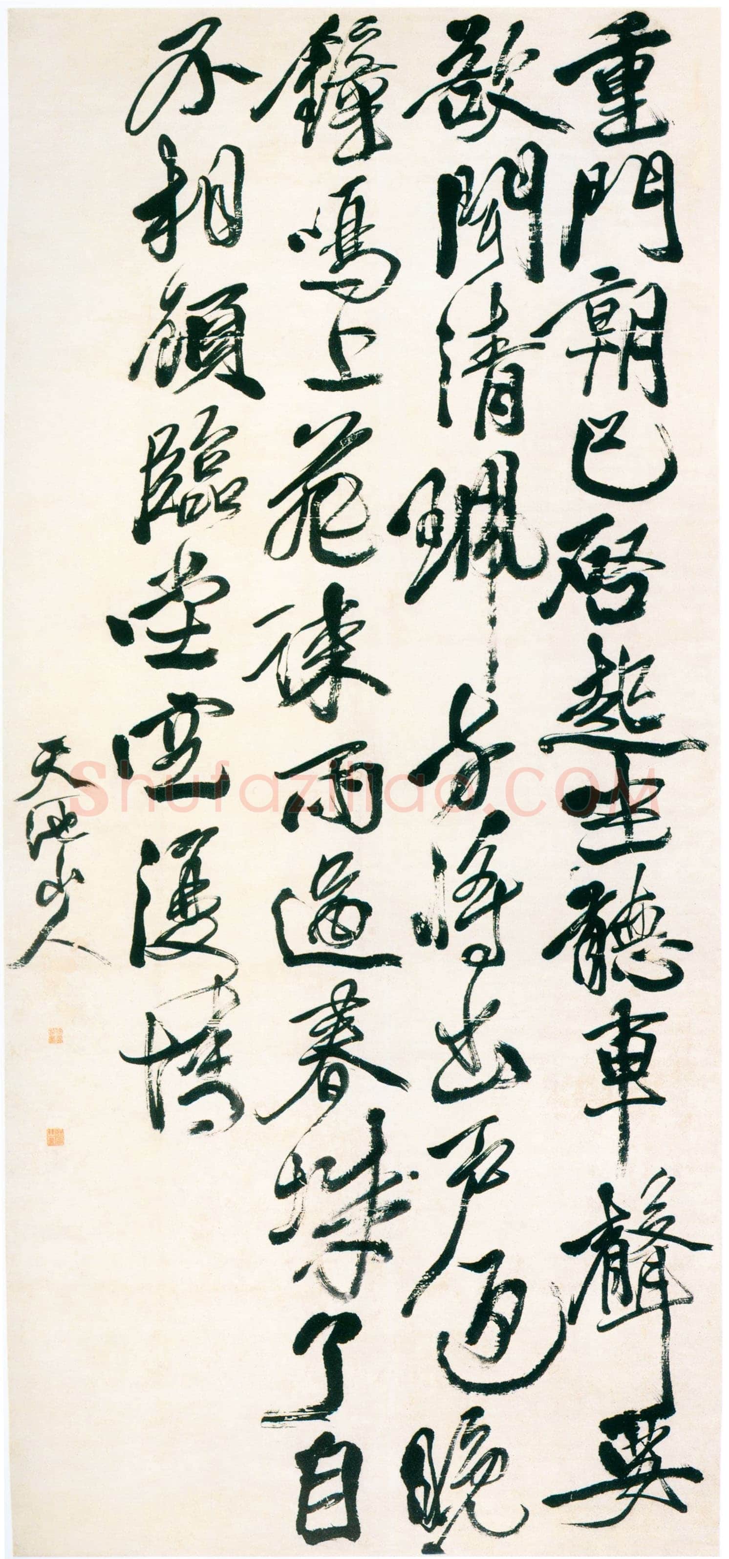 徐渭《行书王维“待储光羲不至”五律诗轴》纸本行书，227cm×105.2cm 浙江省博物馆藏