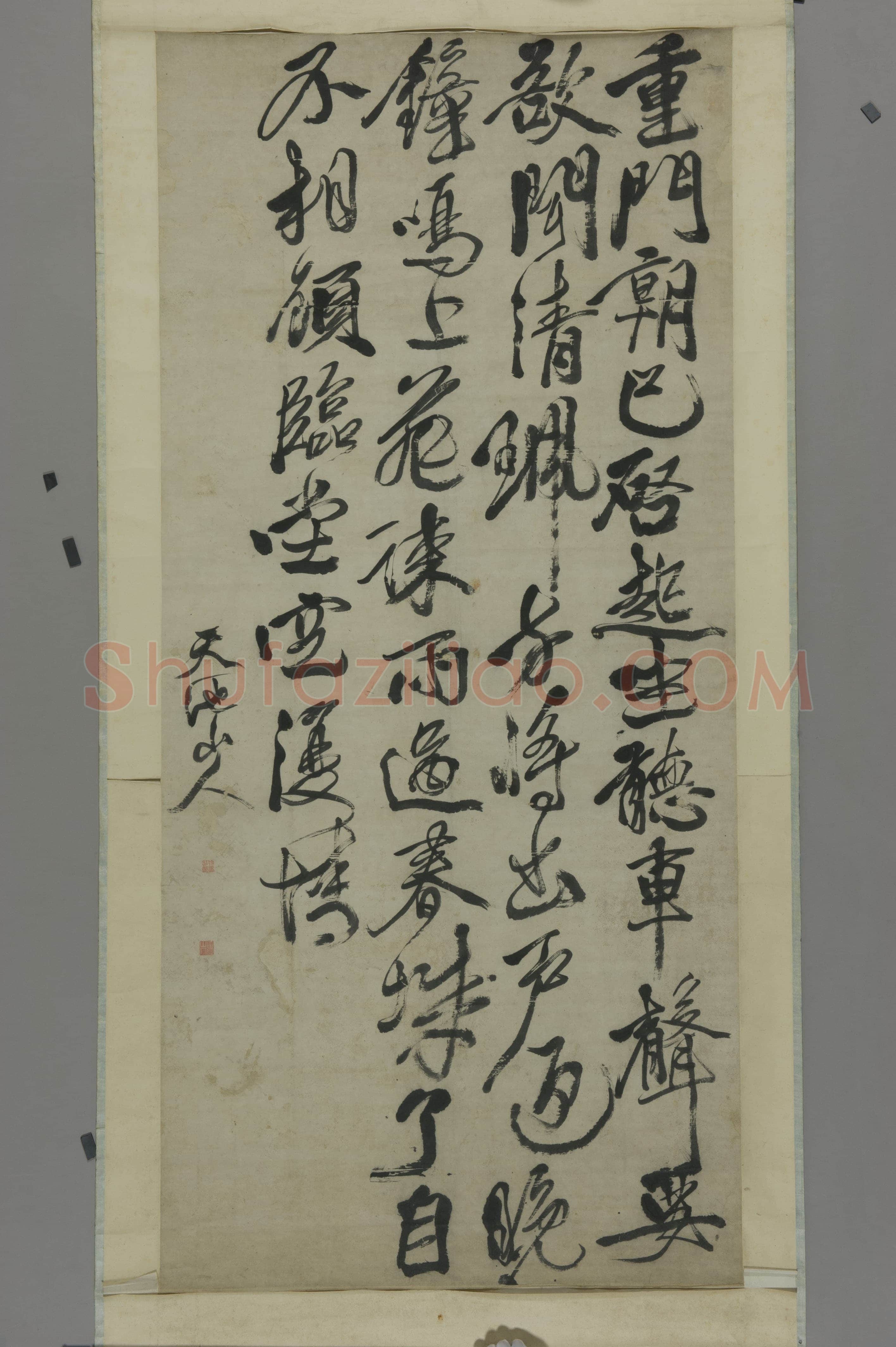徐渭《行书王维“待储光羲不至”五律诗轴》纸本行书，227cm×105.2cm 浙江省博物馆藏
