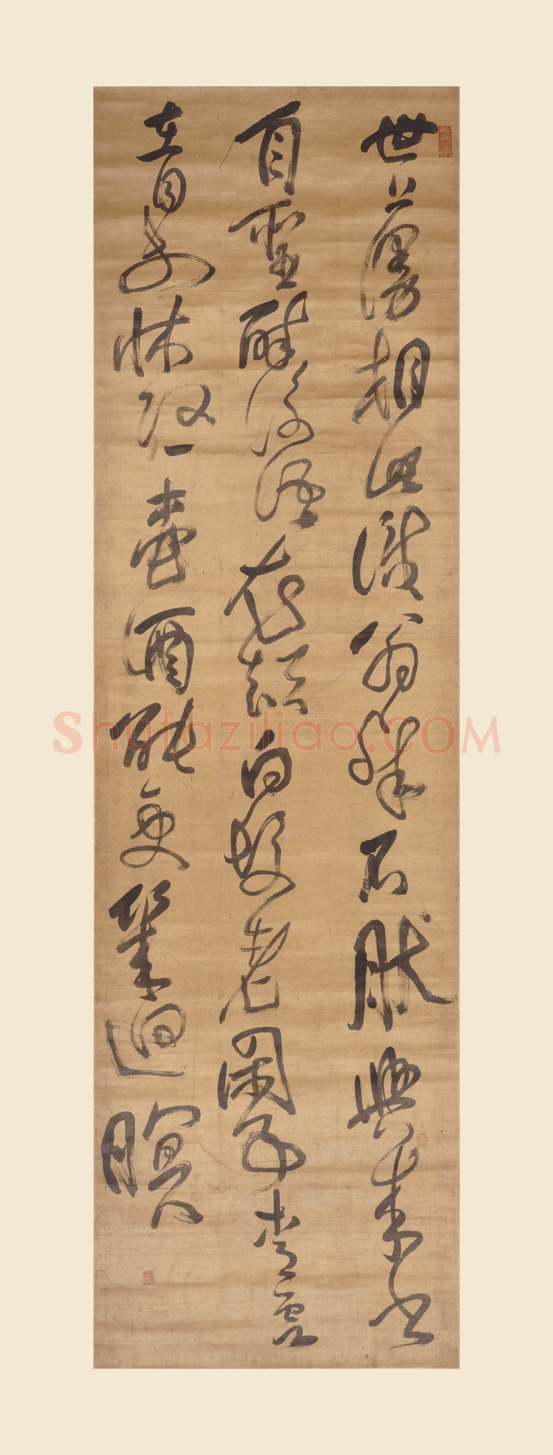 傅山《行草高适五律诗》轴 绫本 173.8×49.6cm 上海博物馆藏