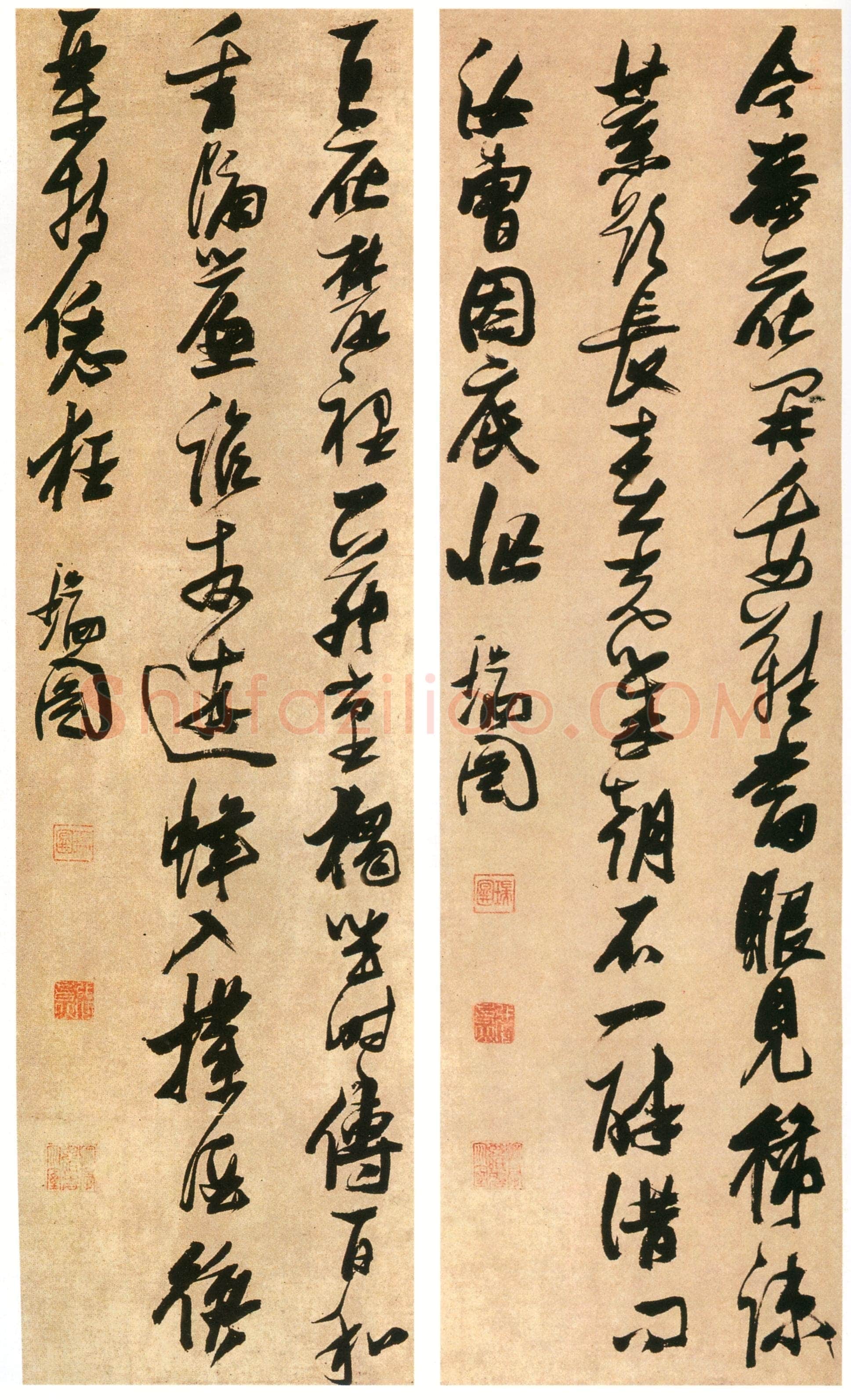 张瑞图《书王建宫词等四首条屏》绫本行草书 261×94.5cm×4条 日本黄檗山万福寺藏