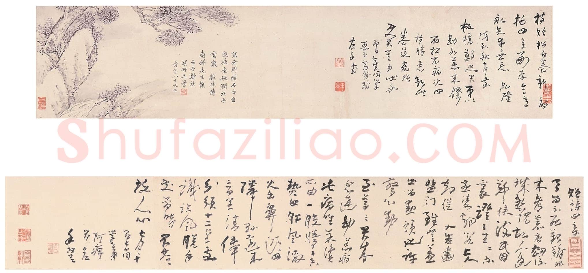 高凤翰《题诗王蓍绘松石书画卷》墨笔纸本 26.7×122.3cm；26.7×183cm；26.7×206cm 扬州市博物馆藏