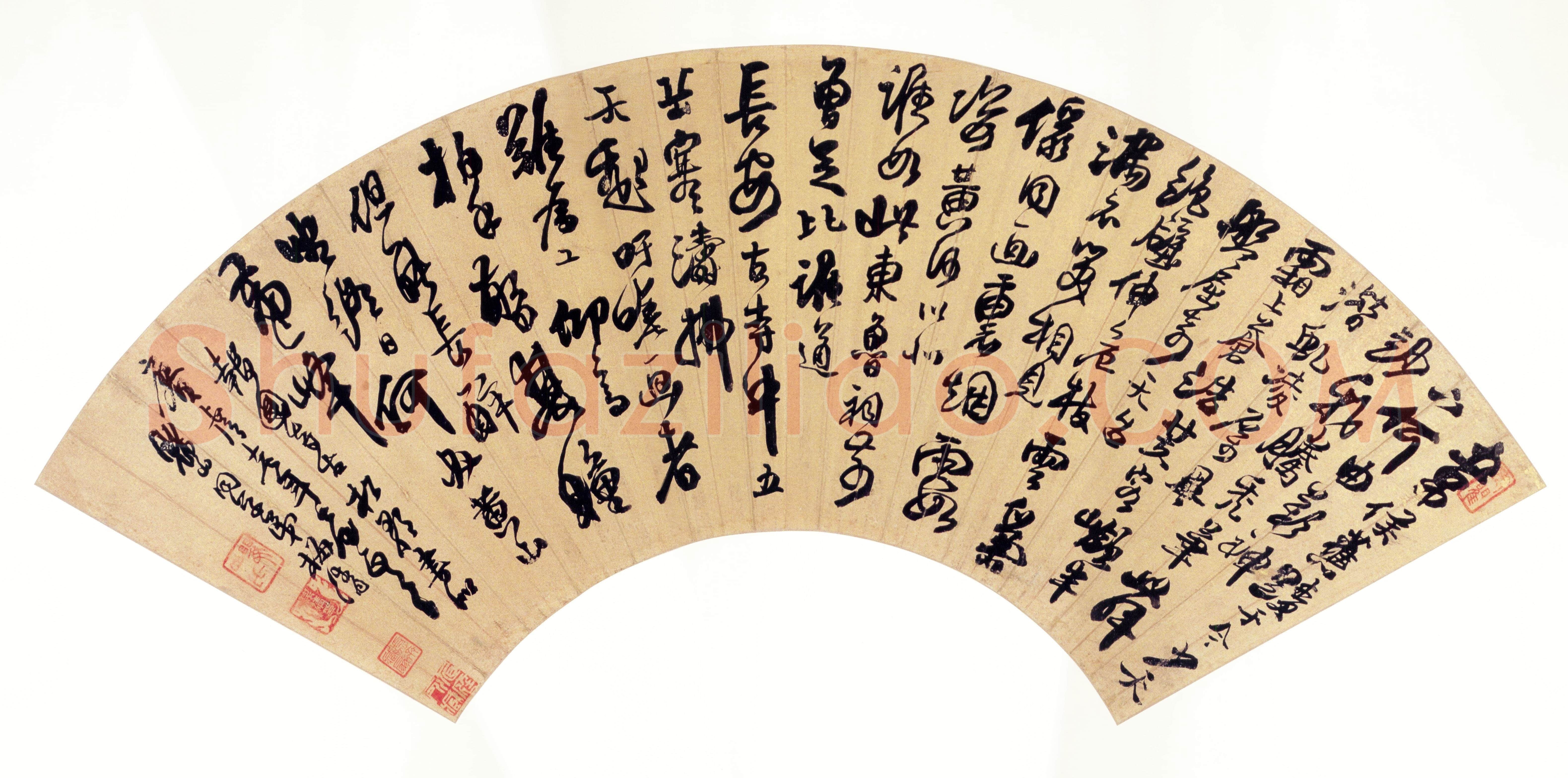 梅清《秦淮舟泛诗、春草阁诗三章、报国寺古松歌扇面》
