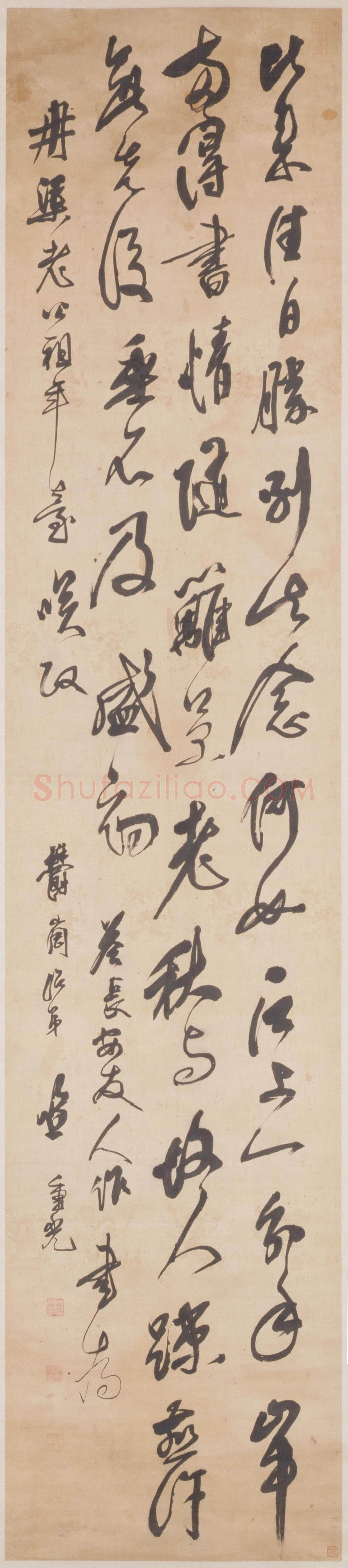 笪重光《答长安友人作五律一首》纸本行草书,242.8×52.5cm 北京故宫博物院藏