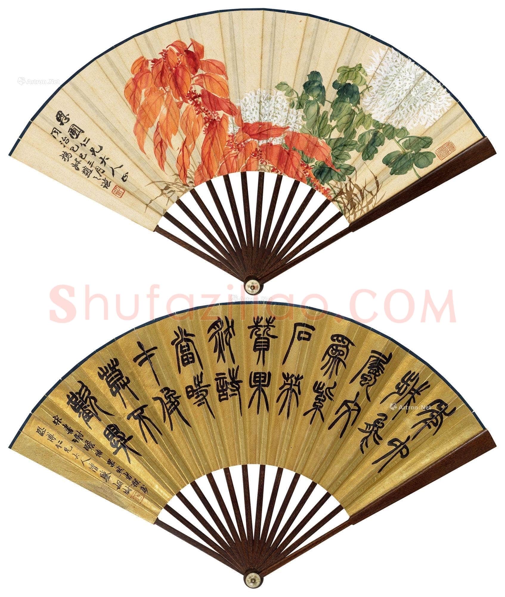 胡澍赵之谦 胡澍 《秋卉·篆书 成扇》设色绢本、水墨金笺 17.5×51cm 中国嘉德2019春拍