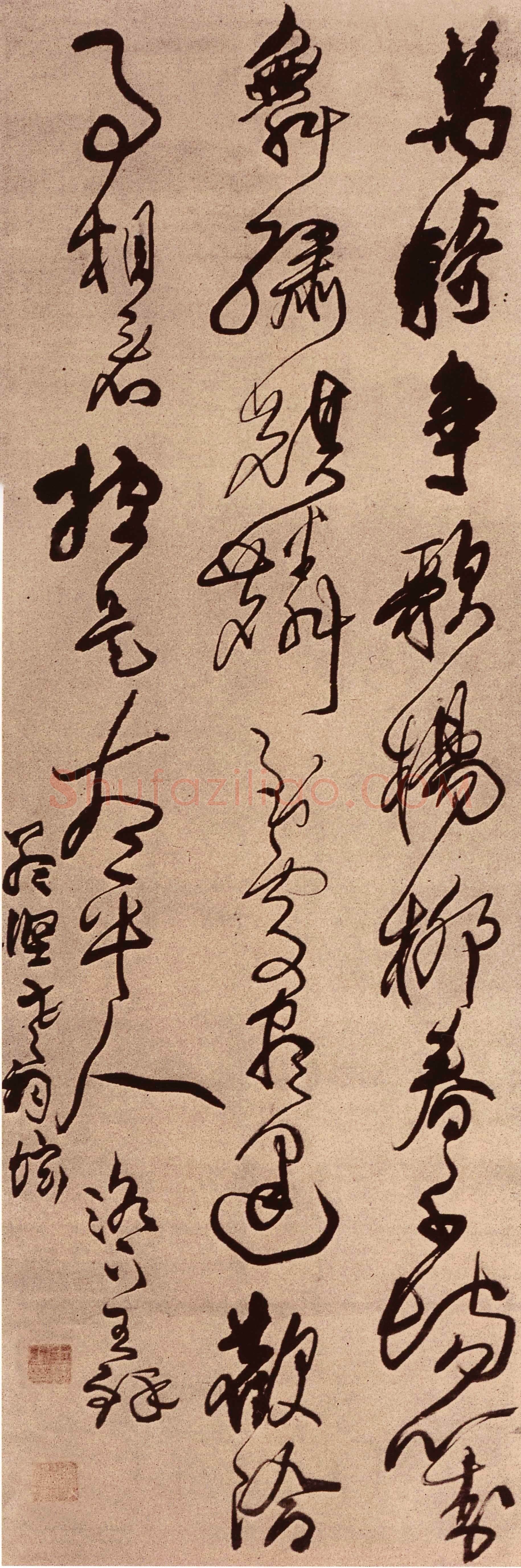 王铎《草书高适七绝万骑争歌杨柳春诗立轴》约书于明崇祯十二-十三年(己卯1639-庚辰1640年),行草书。166×55cm 日本村上三岛氏藏