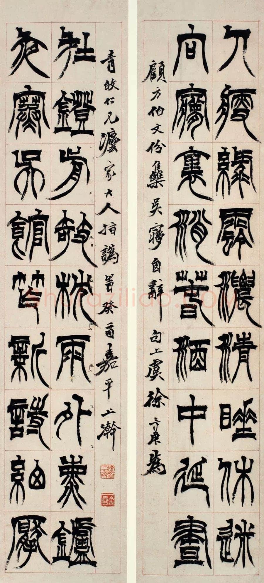 徐三庚《篆书集吴梦窗词句十八言龙门对》117cm ×26.2cm ×2 1874年 杭州博物馆藏