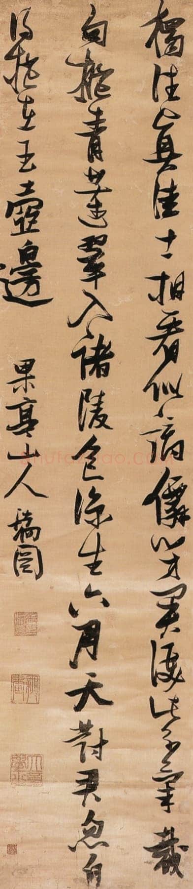 张瑞图《行书五律诗轴》金笺，纵170厘米、横55厘米广东省博物馆藏