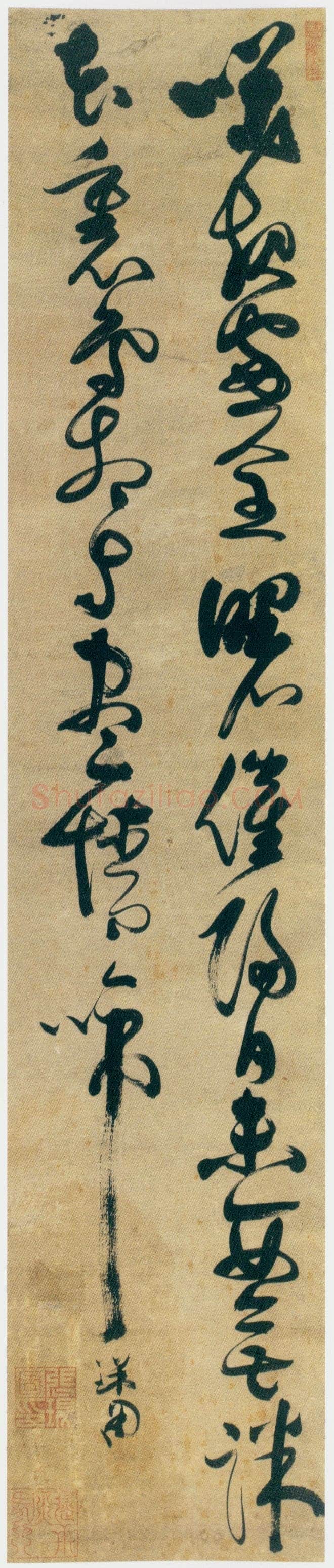 张瑞图《草书韩愈五绝诗轴》绢本草书 166.5×34cm 天津博物馆藏