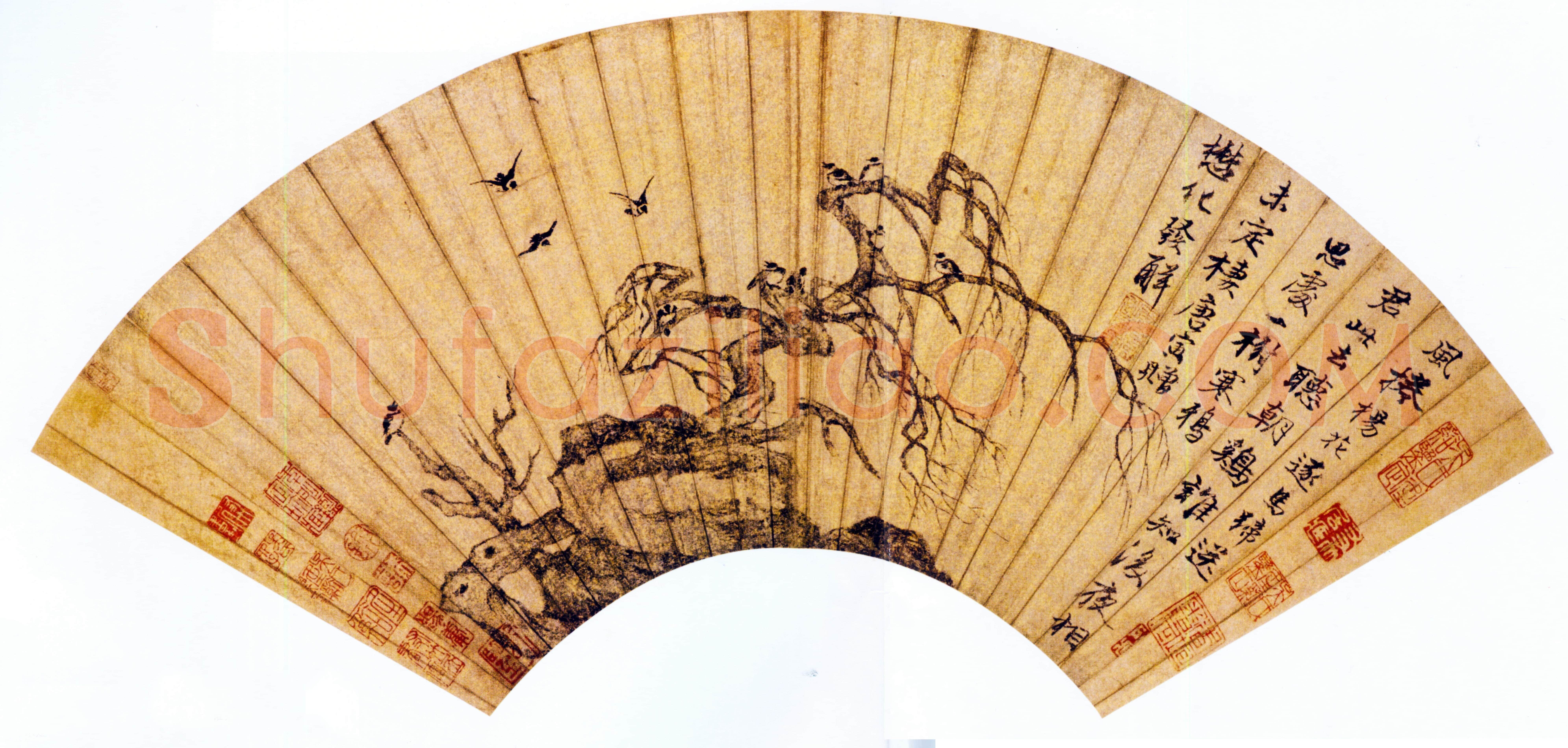 唐寅《枯木寒鸦图扇面》金笺 17×49cm 北京故宫博物院藏