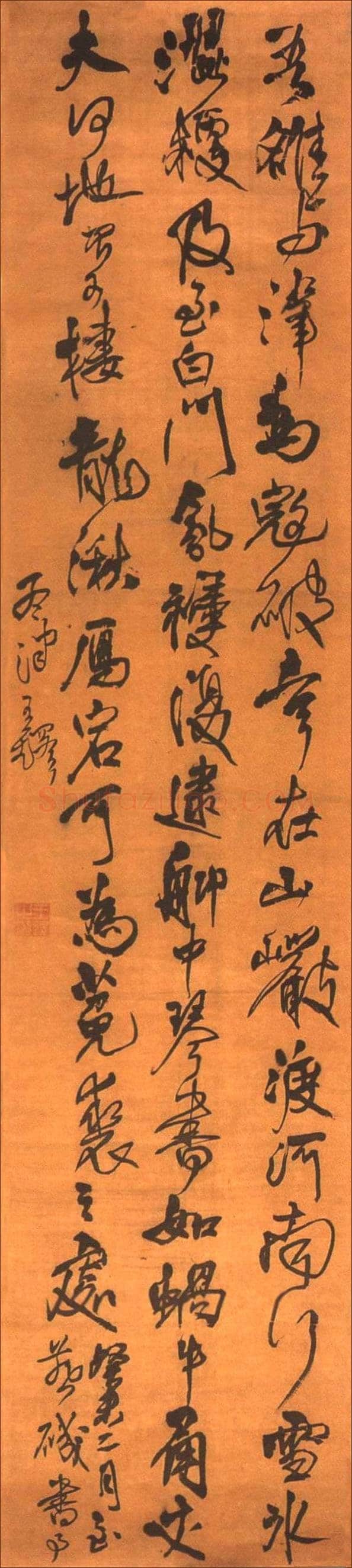 王铎《行书燕矶书事轴》崇祯十六年(癸未1643年)，绫本，纵224厘米，横50厘米。广东省博物馆藏