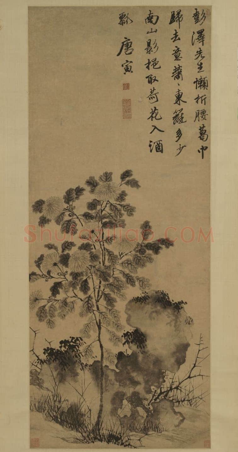 唐寅《秋菊图》轴 纸本水墨，135×55.5cm 天津博物馆藏