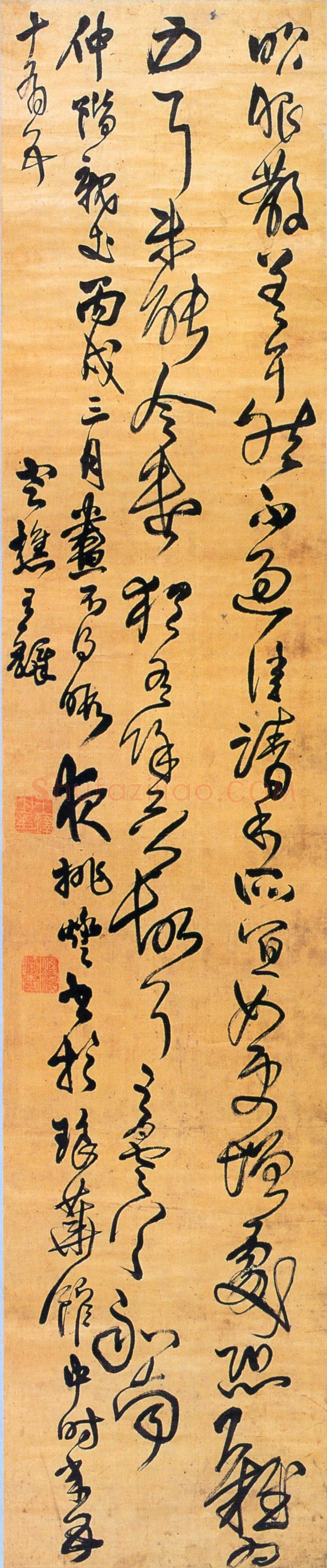 王铎《临王昙首昨服散帖》清顺治三年(丙戌1646年)，绢本，草书，纵227cm，横47cm。广州艺术博物院藏。