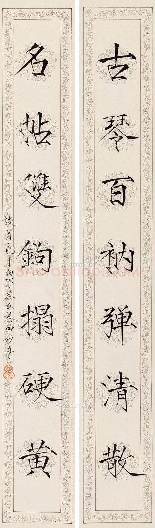 谈月色《古琴名帖七言联》楷书 水墨纸本 71×10cm×2