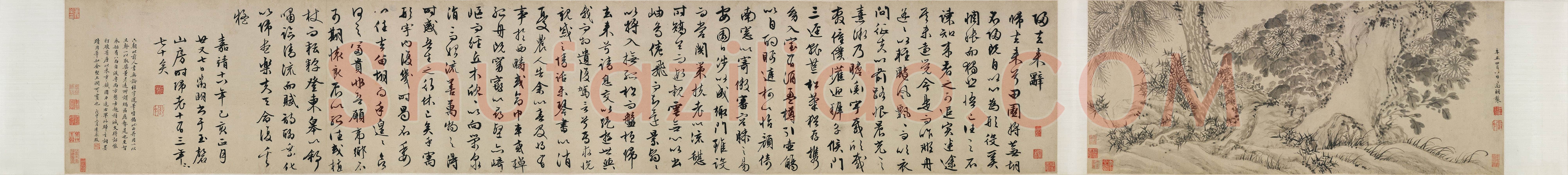 文徵明《归去来辞书画合卷》纸本行书 31.6×252.75cm(画心31.6×75.8cm)1539年 美国弗利尔美术馆藏