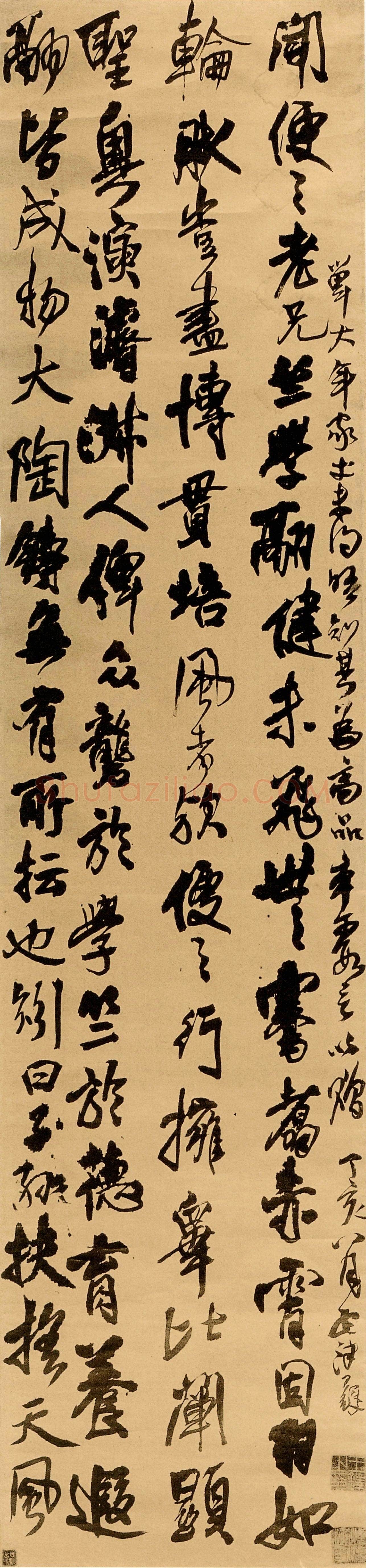 王铎《行书赠单大年家丈立轴》清顺治四年(丁亥1647年)。绫本 纵234cm,宽56cm。台湾何创时书法艺术馆藏