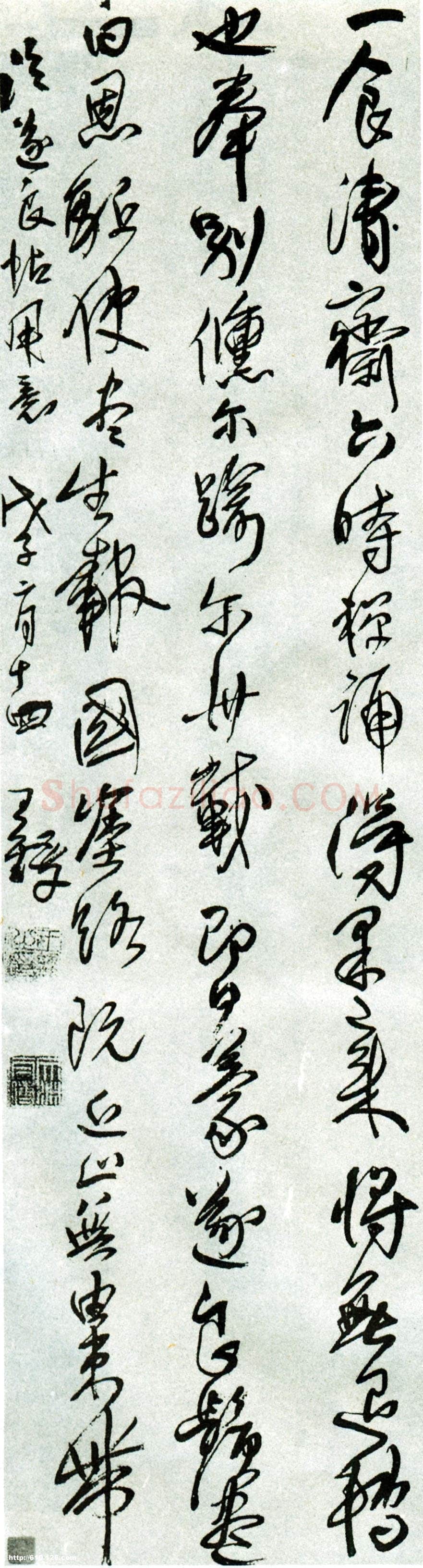 王铎《节临褚遂良家侄帖》清顺治五年(戊子1648年)，绢本，行草书。纵202.5cm，横51.2cm。青岛市博物馆藏。