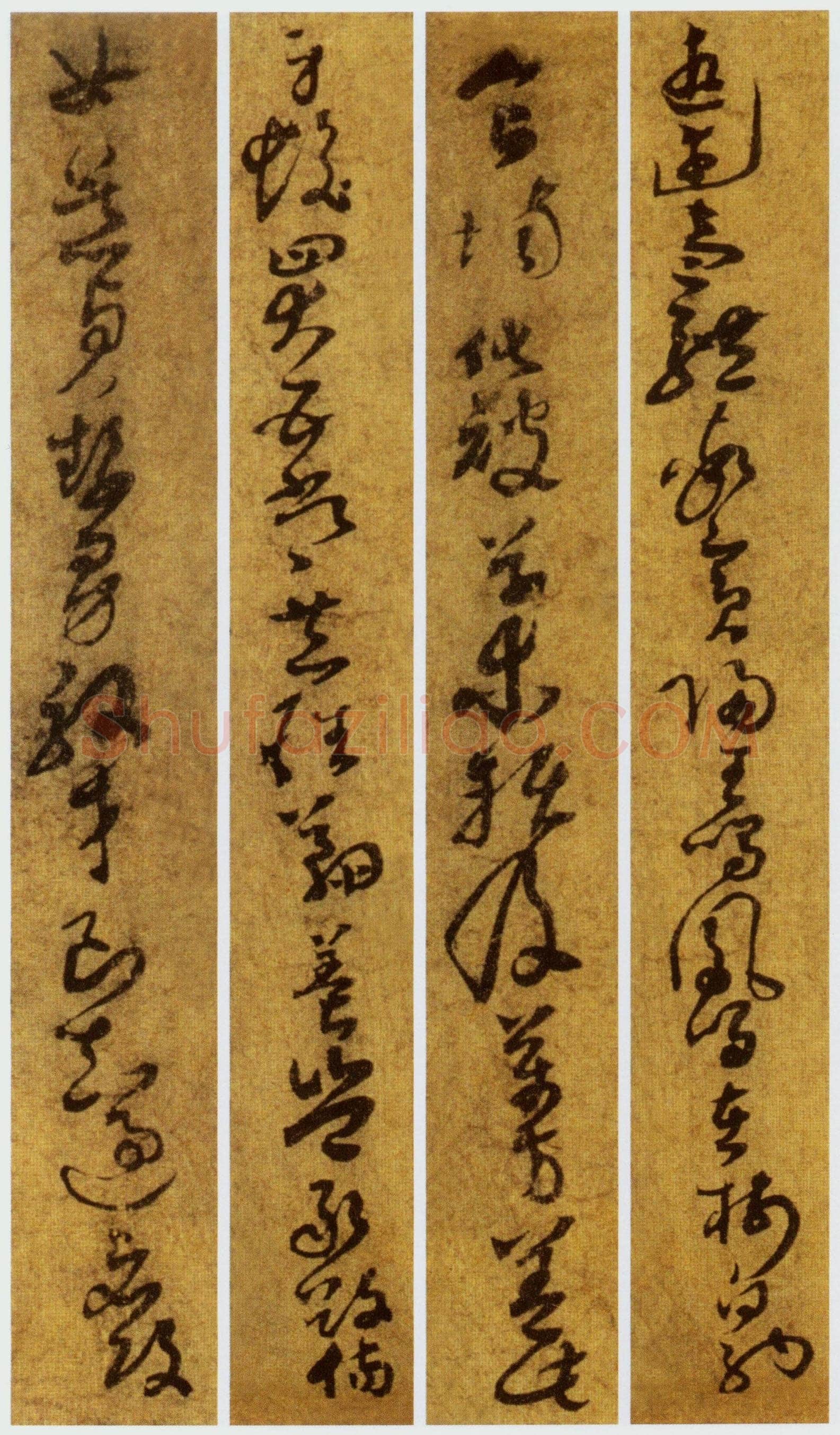 孙过庭《草书千字文第五本卷》白麻纸本 包首锦为宋紫钤鸾鹊谱缂丝 25.7×82.5厘米 辽宁省博物馆藏