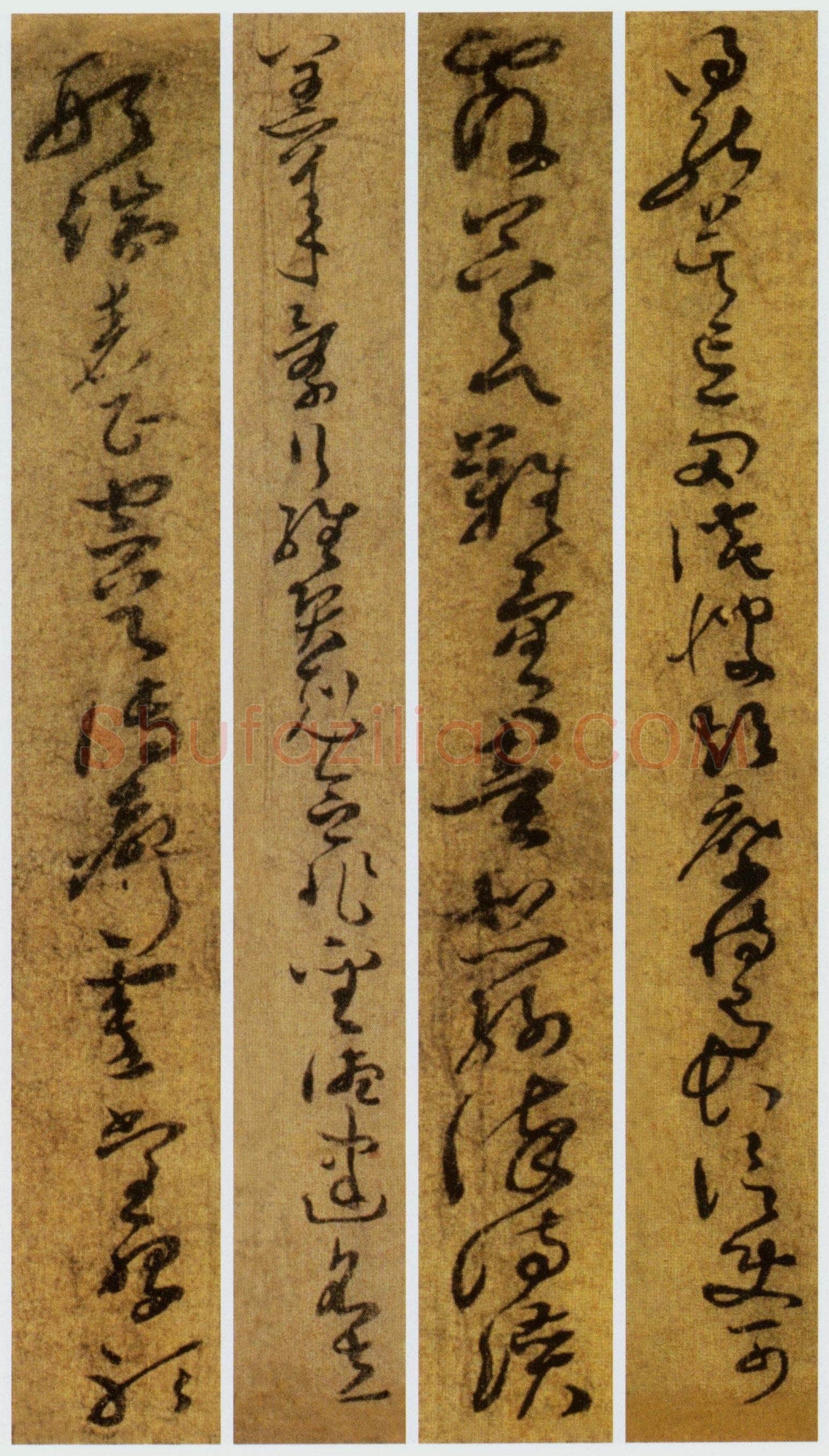 孙过庭《草书千字文第五本卷》白麻纸本 包首锦为宋紫钤鸾鹊谱缂丝 25.7×82.5厘米 辽宁省博物馆藏