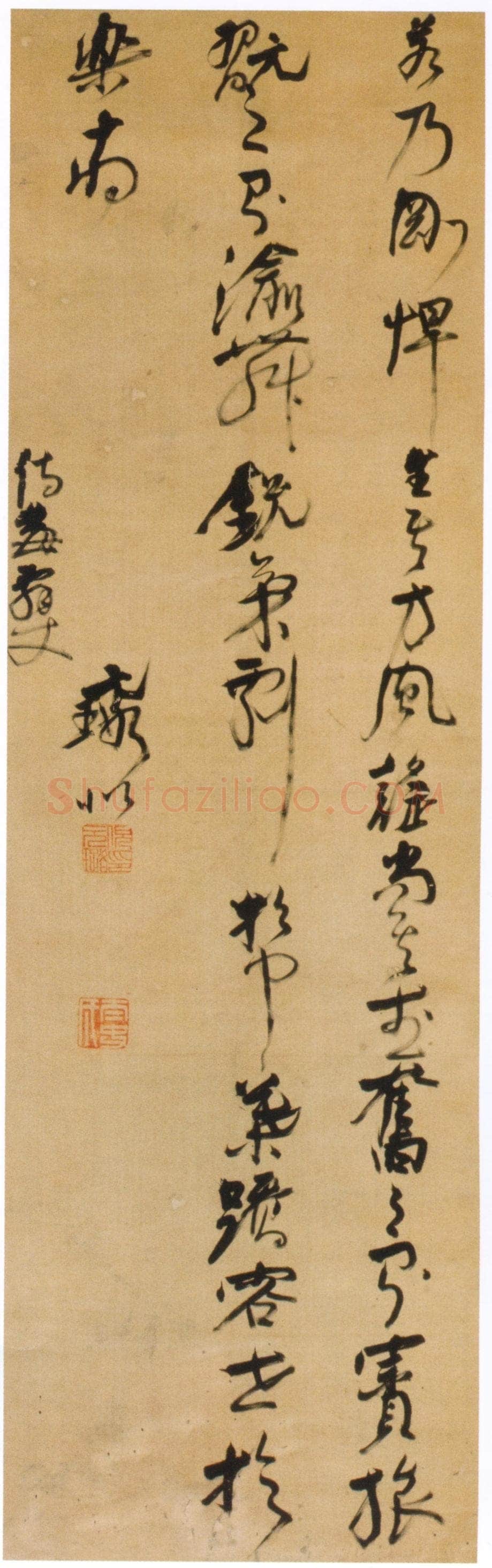 倪元璐《节录左思“蜀都赋”草书轴》绫本草书,156.5×49.5cm。日本兵库黑川古文化研究所藏