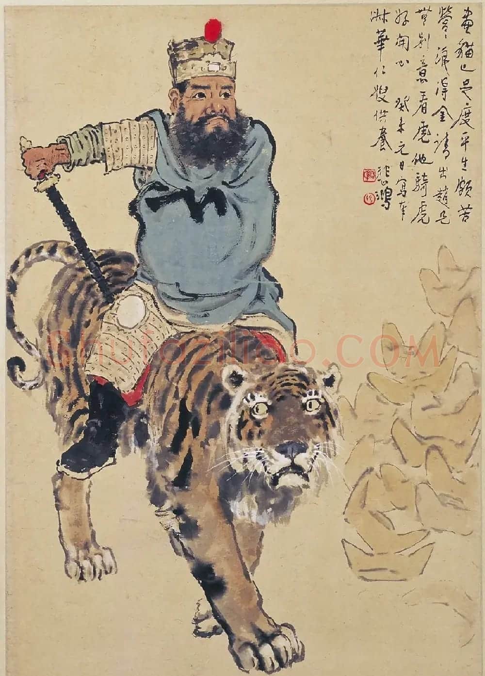 徐悲鸿48岁绘画作品《骑虎财神像》 | 传世书法作品鉴赏
