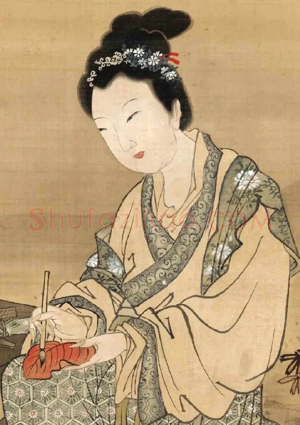 明代唐伯虎工笔人物画《红叶题诗仕女图》 | 传世书法作品赏析