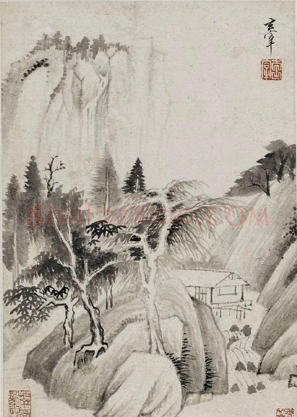 董其昌书画对题仿古山水图册(六开) | 传世书法作品欣赏