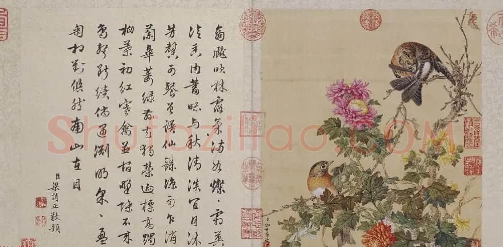 郎世宁工笔画欣赏《花鸟图册》梁诗正书法题诗 | 传世书法作品精选