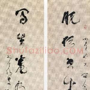 近现代 林散之草书《赠朱小平草书脱俗写生七言联》